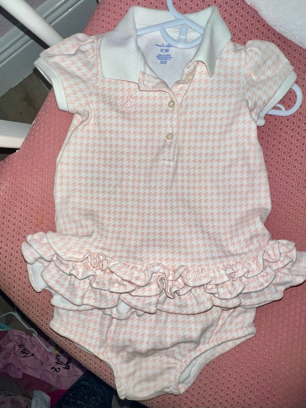 Ralph Lauren Pink Houndstooth Ruffle Polo One-Piece 3-6 months